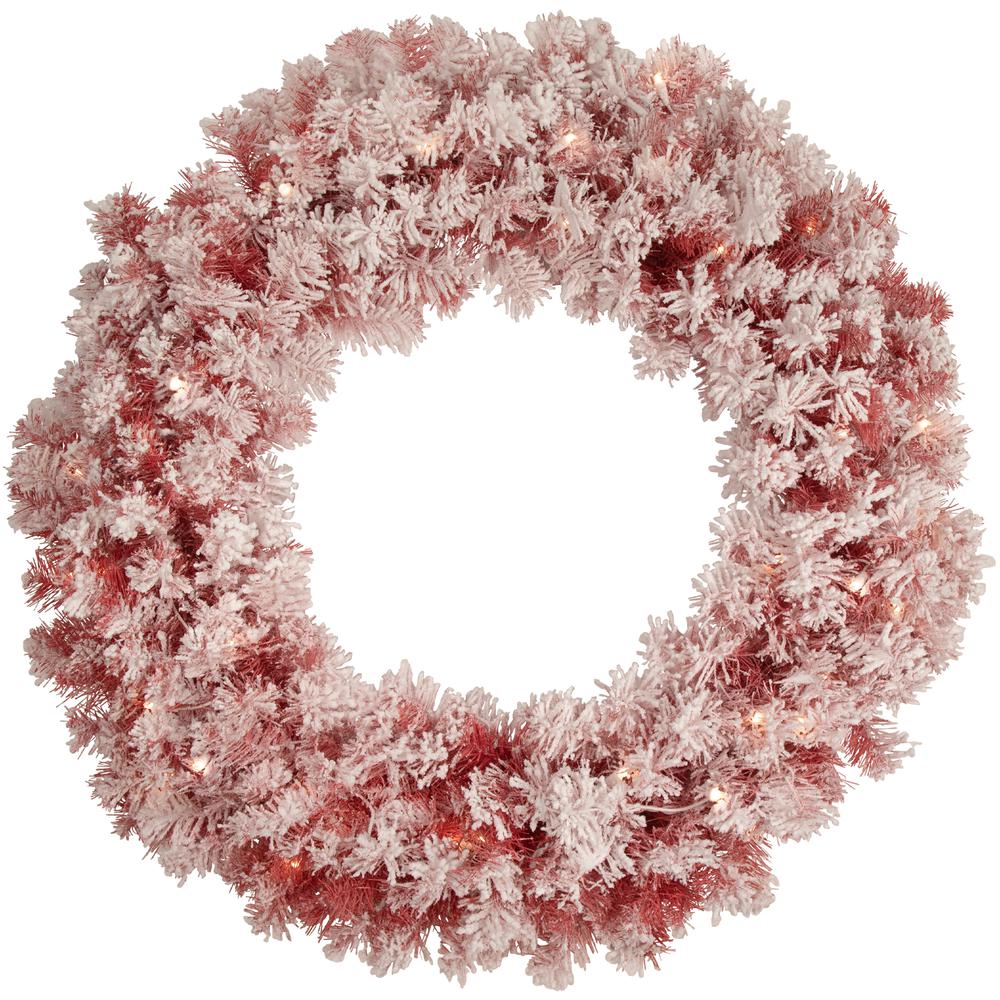 Pre-Lit Flocked Red Artificial Christmas Wreath  36 Inch  Clear Lights. Picture 1