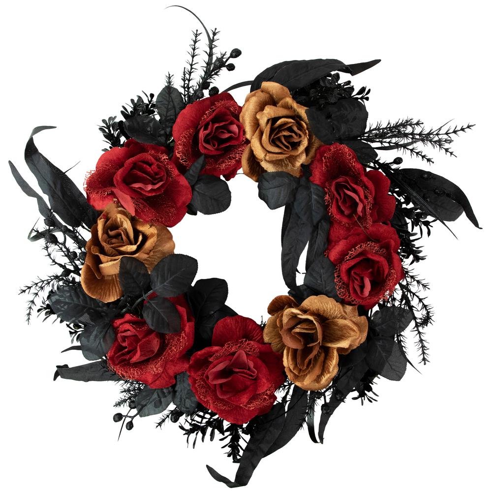 Red and Gold Roses with Black Foliage Halloween Wreath  22-Inch  Unlit. Picture 1