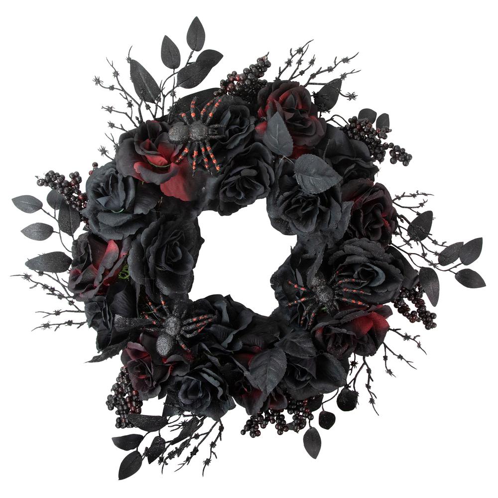 Burgundy and Black Roses with Spiders Halloween Wreath  24-Inch  Unlit. Picture 1