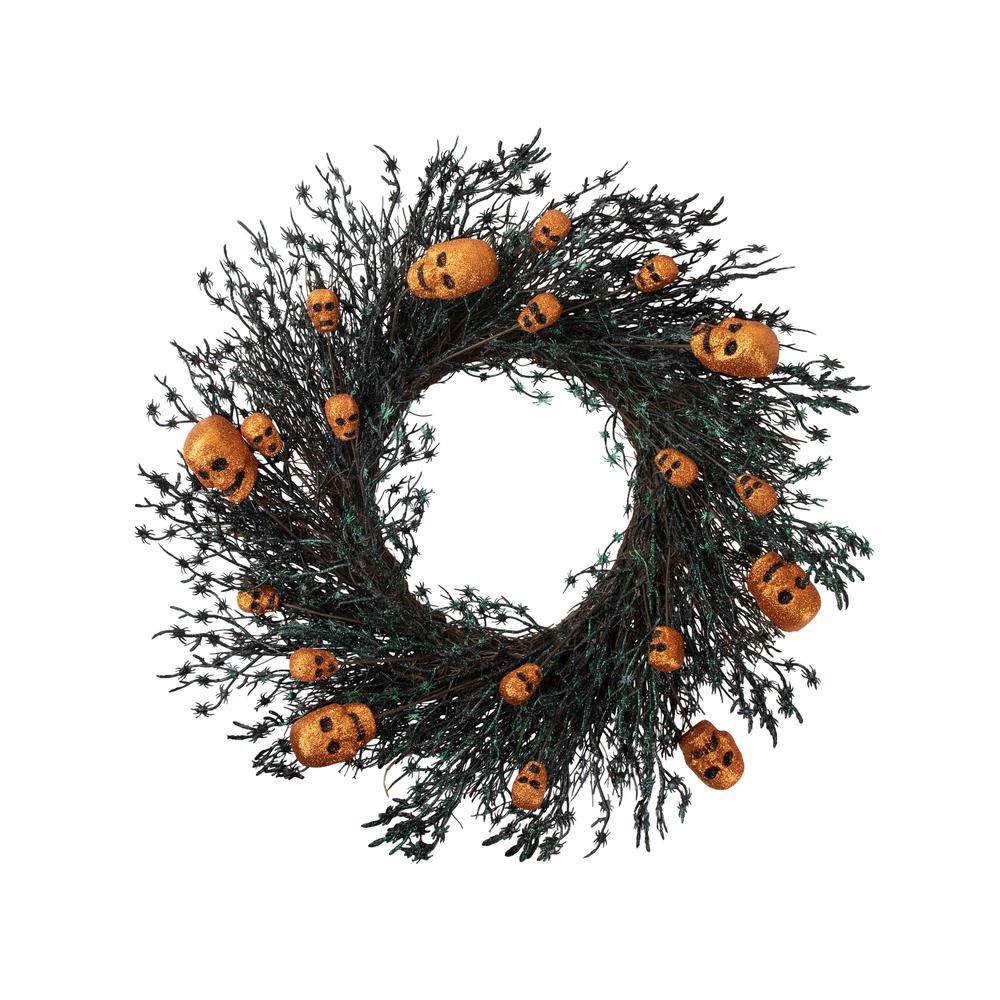Black and Orange Skulls and Spiders Halloween Twig Wreath  22-Inch  Unlit. The main picture.