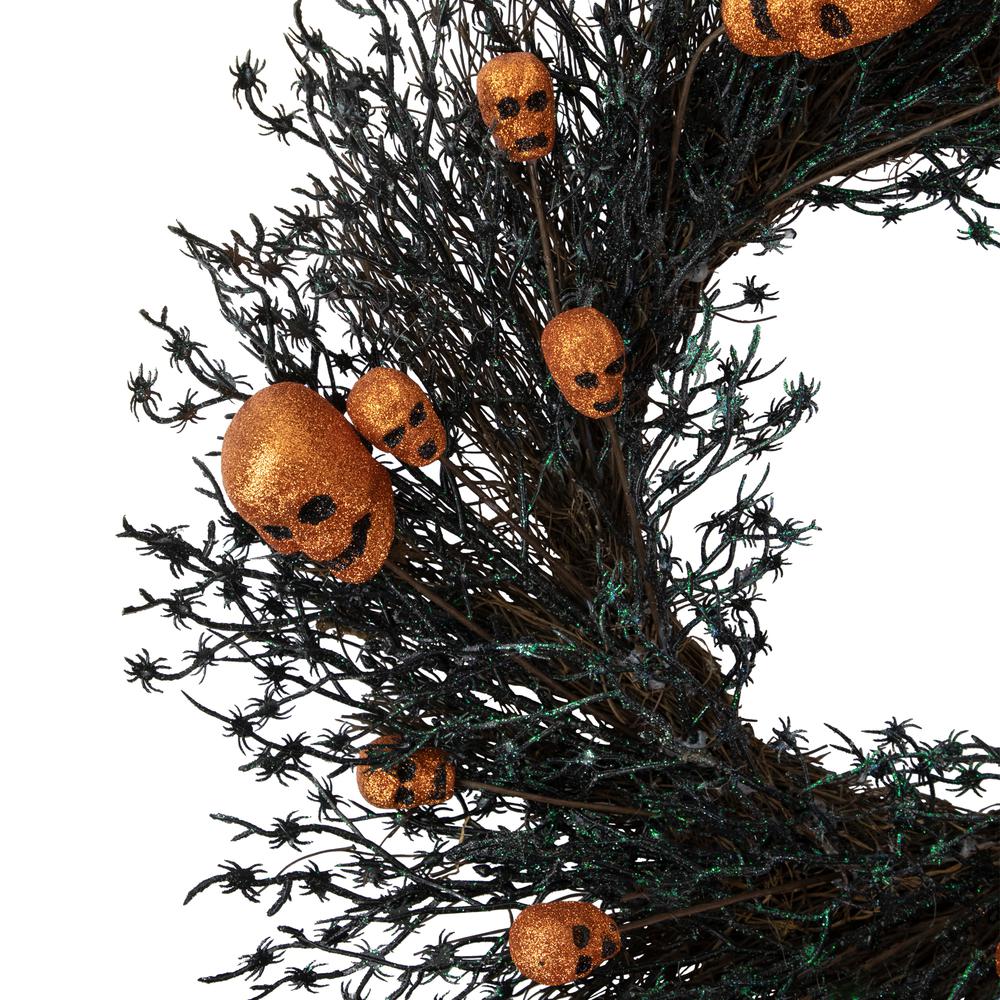 Black and Orange Skulls and Spiders Halloween Twig Wreath  22-Inch  Unlit. Picture 3