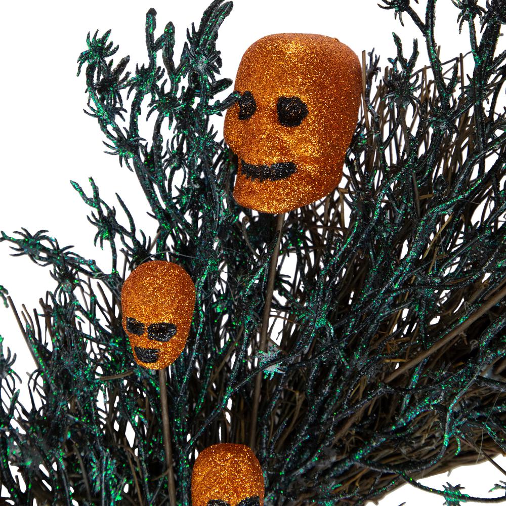 Black and Orange Skulls and Spiders Halloween Twig Wreath  22-Inch  Unlit. Picture 2