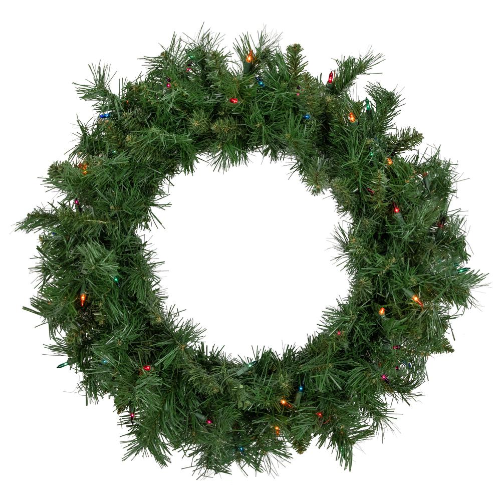 Pre-lit Chatham Pine Artificial Christmas Wreath  24-Inch  Multi-Color Lights. Picture 1