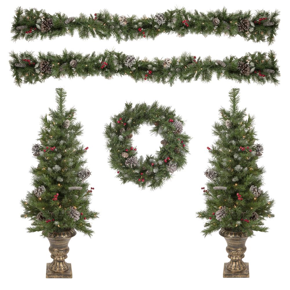 5-Piece Pre-Lit Frosted Verona Berry Pine Artificial Christmas Entryway Set. Picture 1