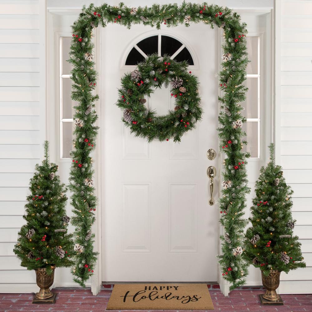 5-Piece Pre-Lit Frosted Verona Berry Pine Artificial Christmas Entryway Set. Picture 2