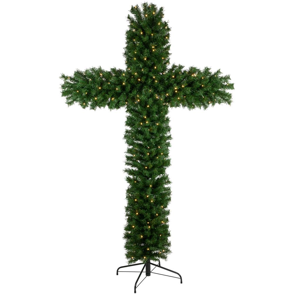 7' Pre-Lit Artificial Pine Christmas Cross - Warm White LED Lights. Picture 1