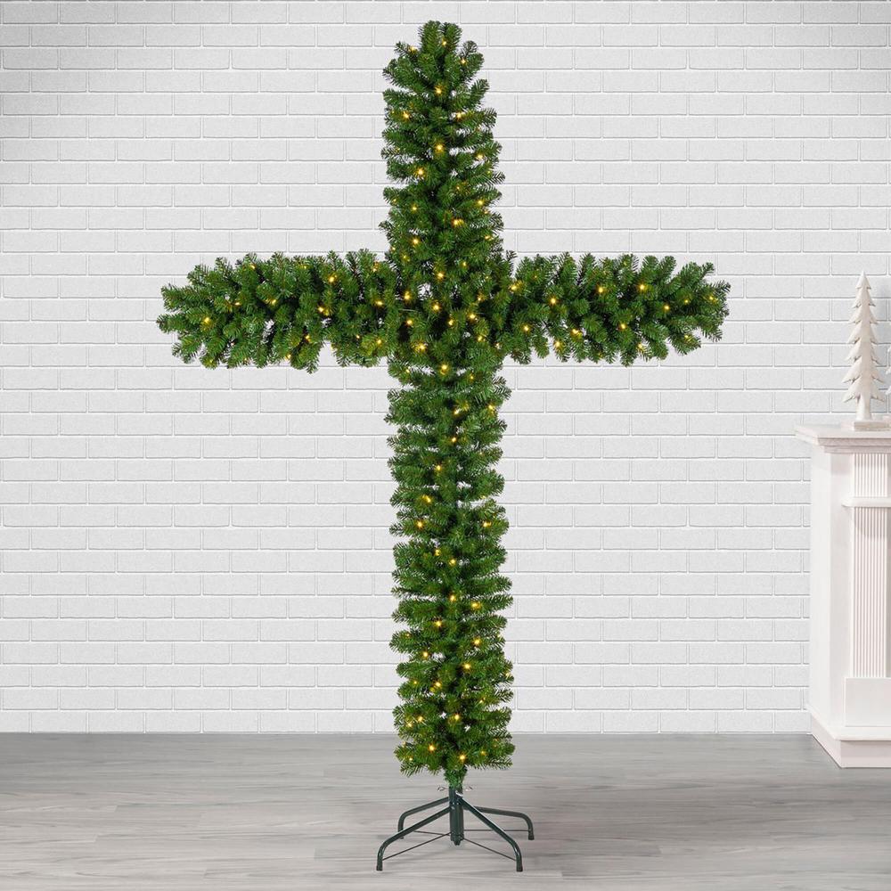 7' Pre-Lit Artificial Pine Christmas Cross - Warm White LED Lights. Picture 2