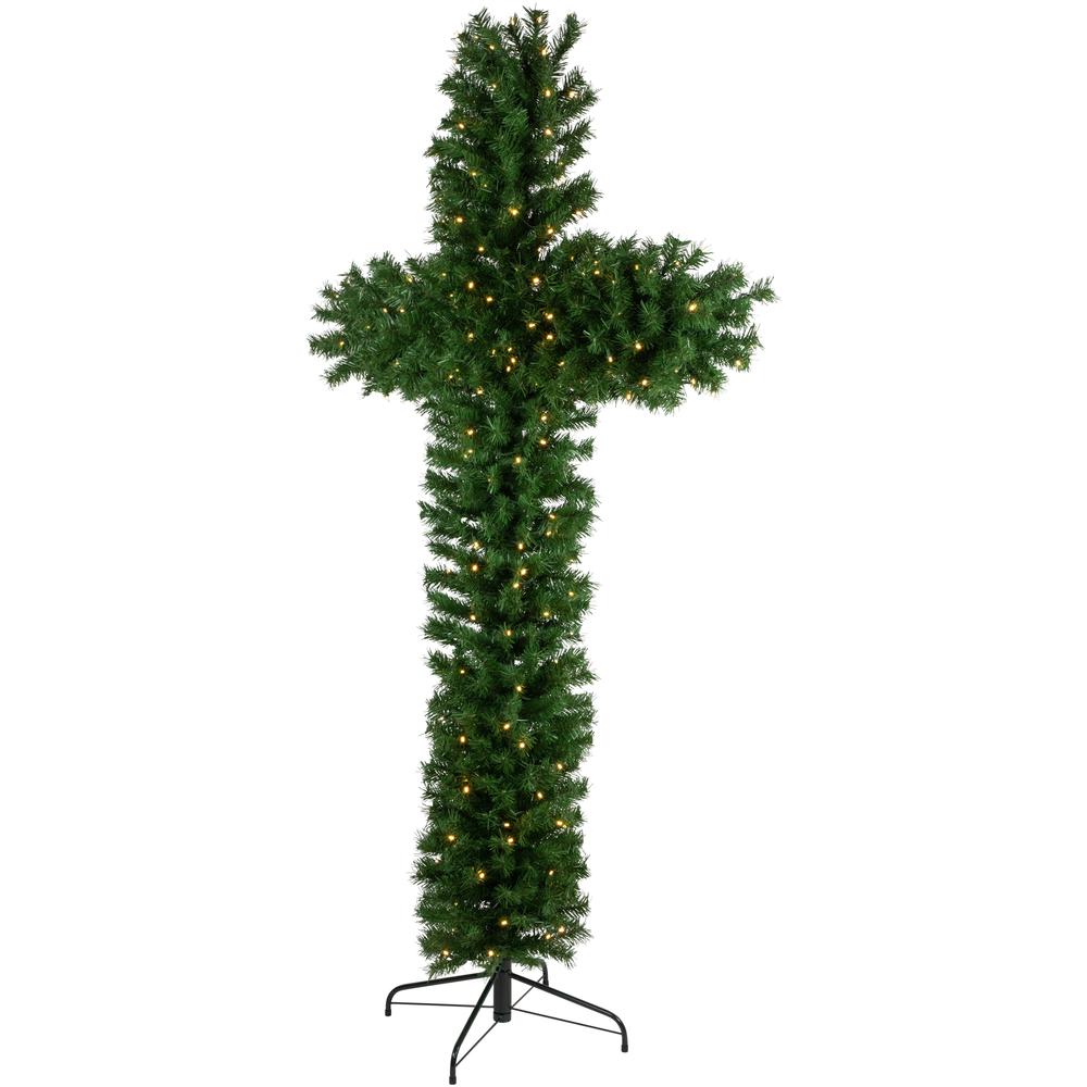 7' Pre-Lit Artificial Pine Christmas Cross - Warm White LED Lights. Picture 3