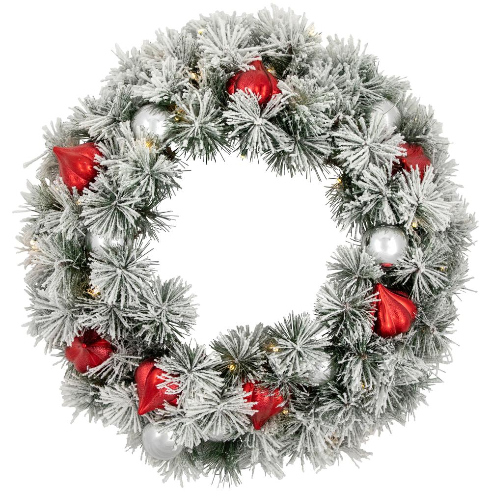 Pre-Lit Snowy Bristle Pine Christmas Wreath  24-Inch  Warm White LED Lights. Picture 1