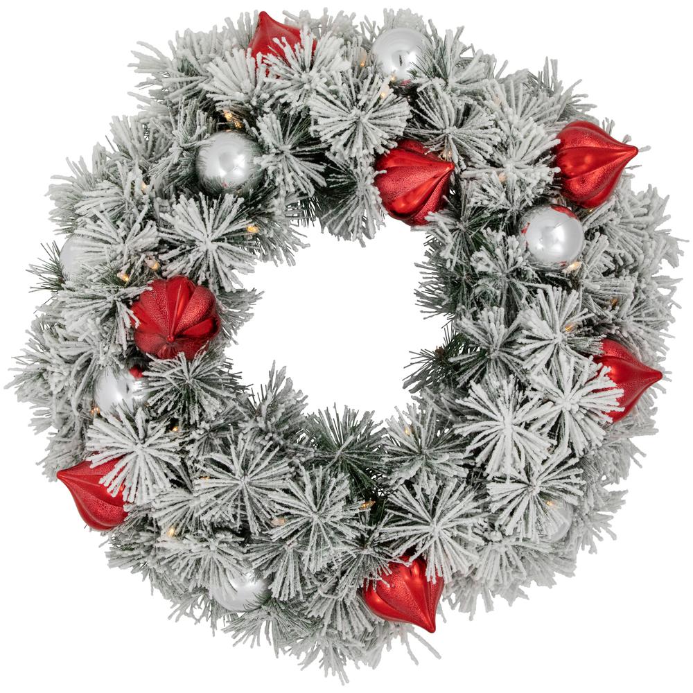 Snowy Bristle Pine Christmas Wreath 24-Inch Warm White and Multi LED Lights. Picture 1