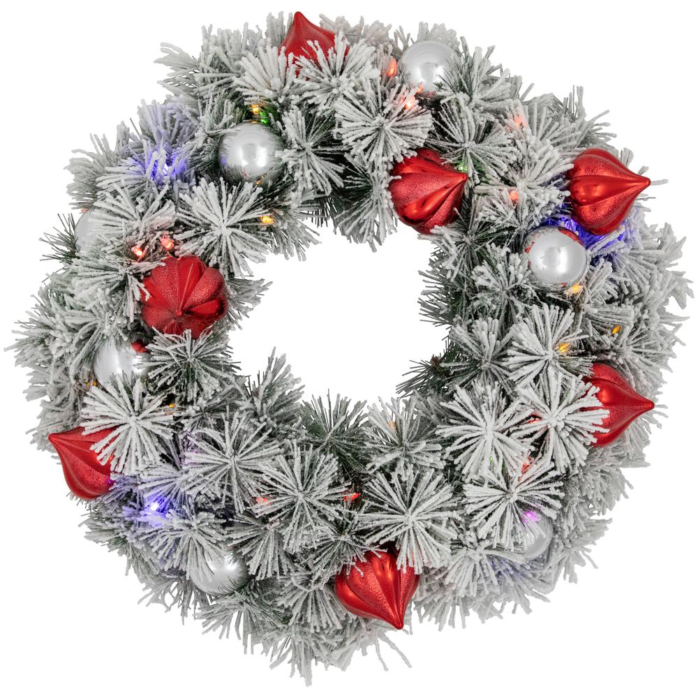 Snowy Bristle Pine Christmas Wreath 24-Inch Warm White and Multi LED Lights. Picture 3