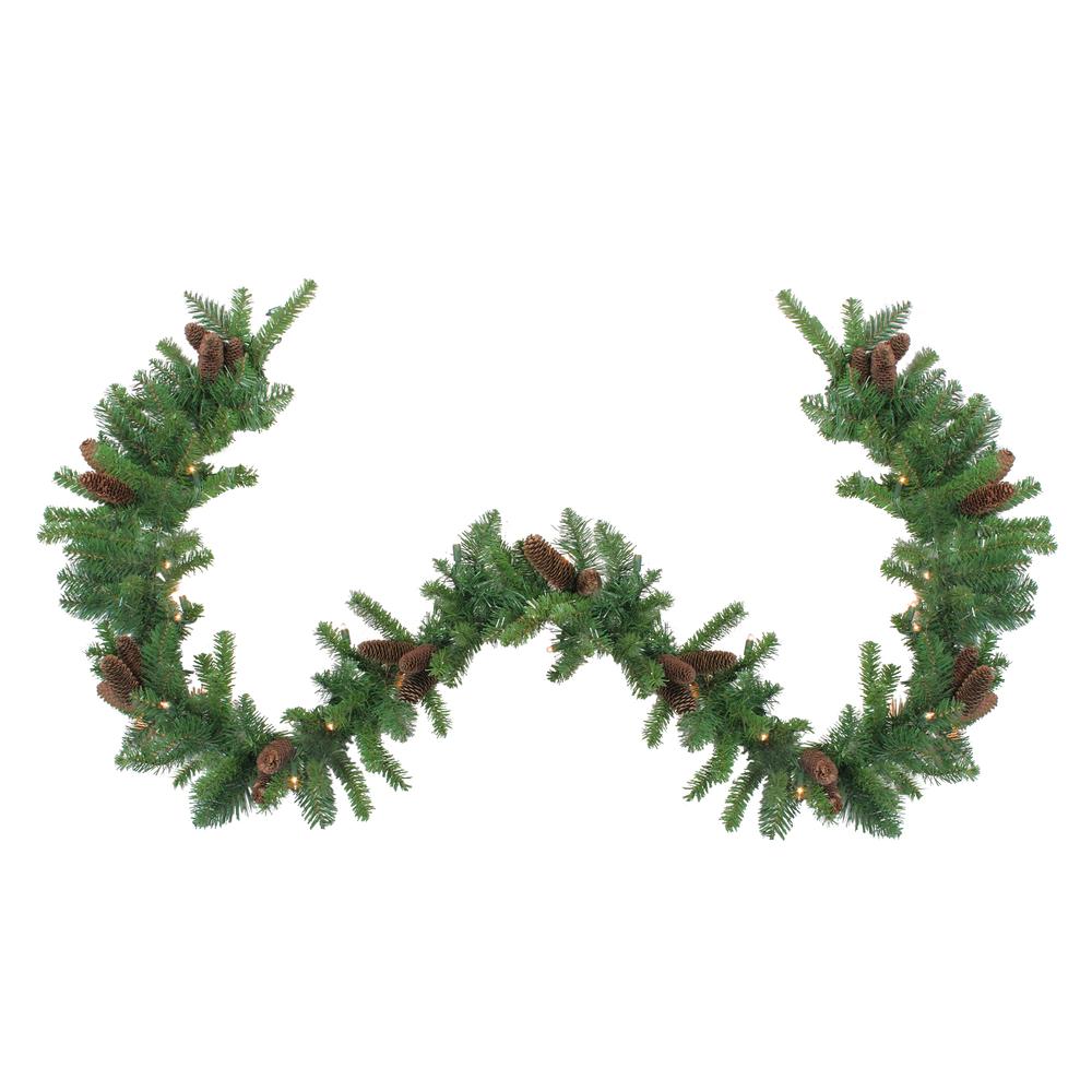 9' x 12" Pre-Lit Dakota Green and Brown Pine Artificial Christmas Garland - Clear Dura Lights. Picture 1