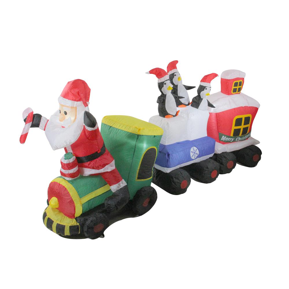 6.5' Red and Green Inflatable Santa and Penguins on Train Lighted Outdoor Christmas Decoration. Picture 1