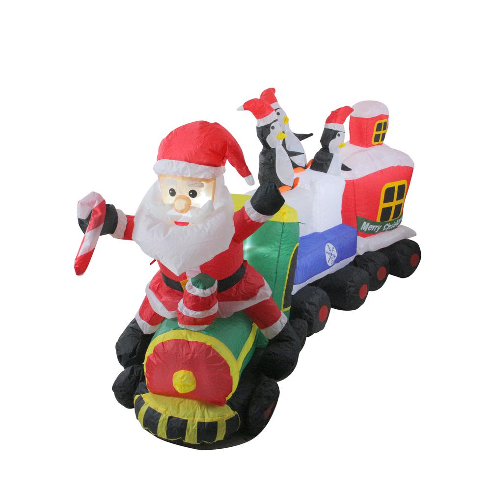 6.5' Red and Green Inflatable Santa and Penguins on Train Lighted Outdoor Christmas Decoration. Picture 3