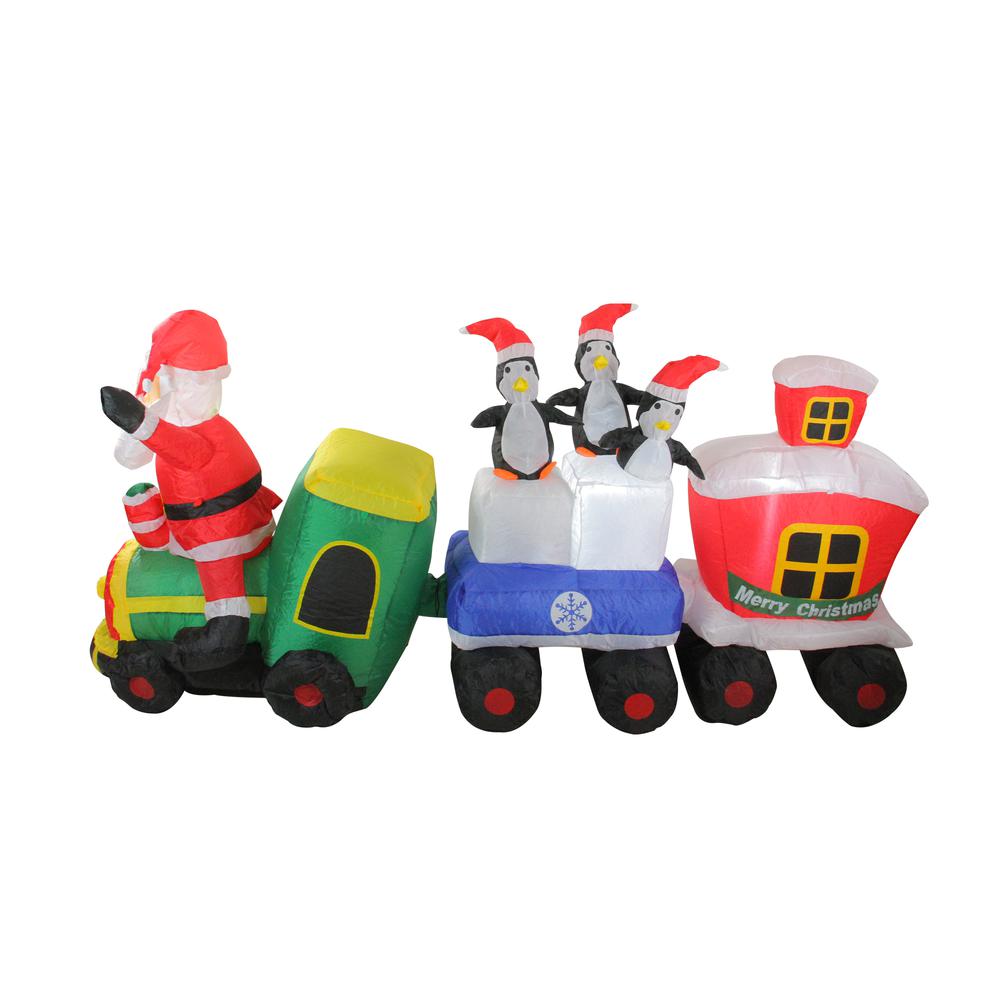 6.5' Red and Green Inflatable Santa and Penguins on Train Lighted Outdoor Christmas Decoration. Picture 2
