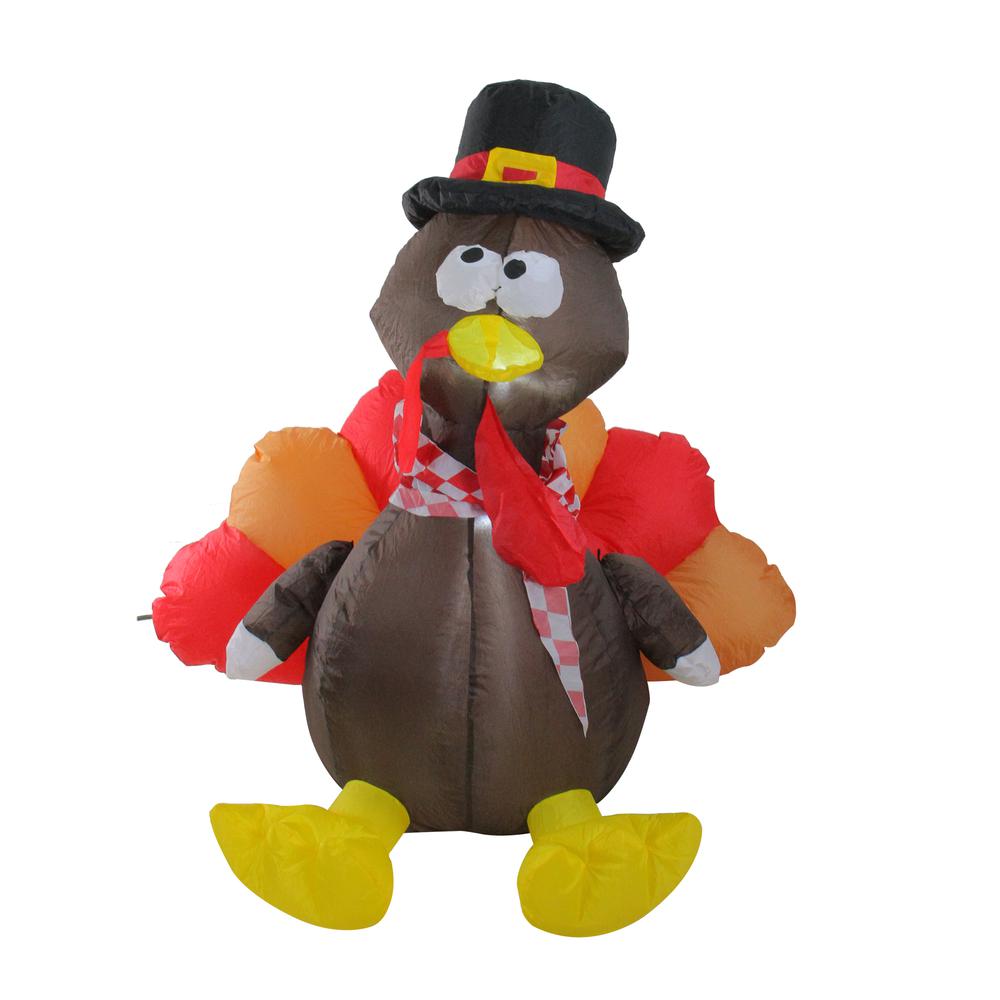 4' Red and Brown Inflatable Lighted Thanksgiving Turkey Outdoor Decor. Picture 1