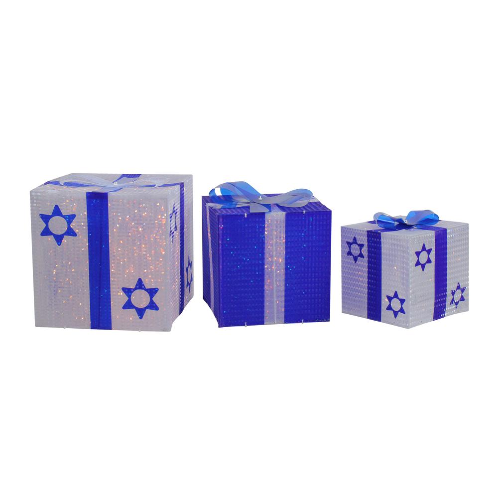 3pc White and Blue Shimmering Lighted Hanukkah Gift Box 12". Picture 1