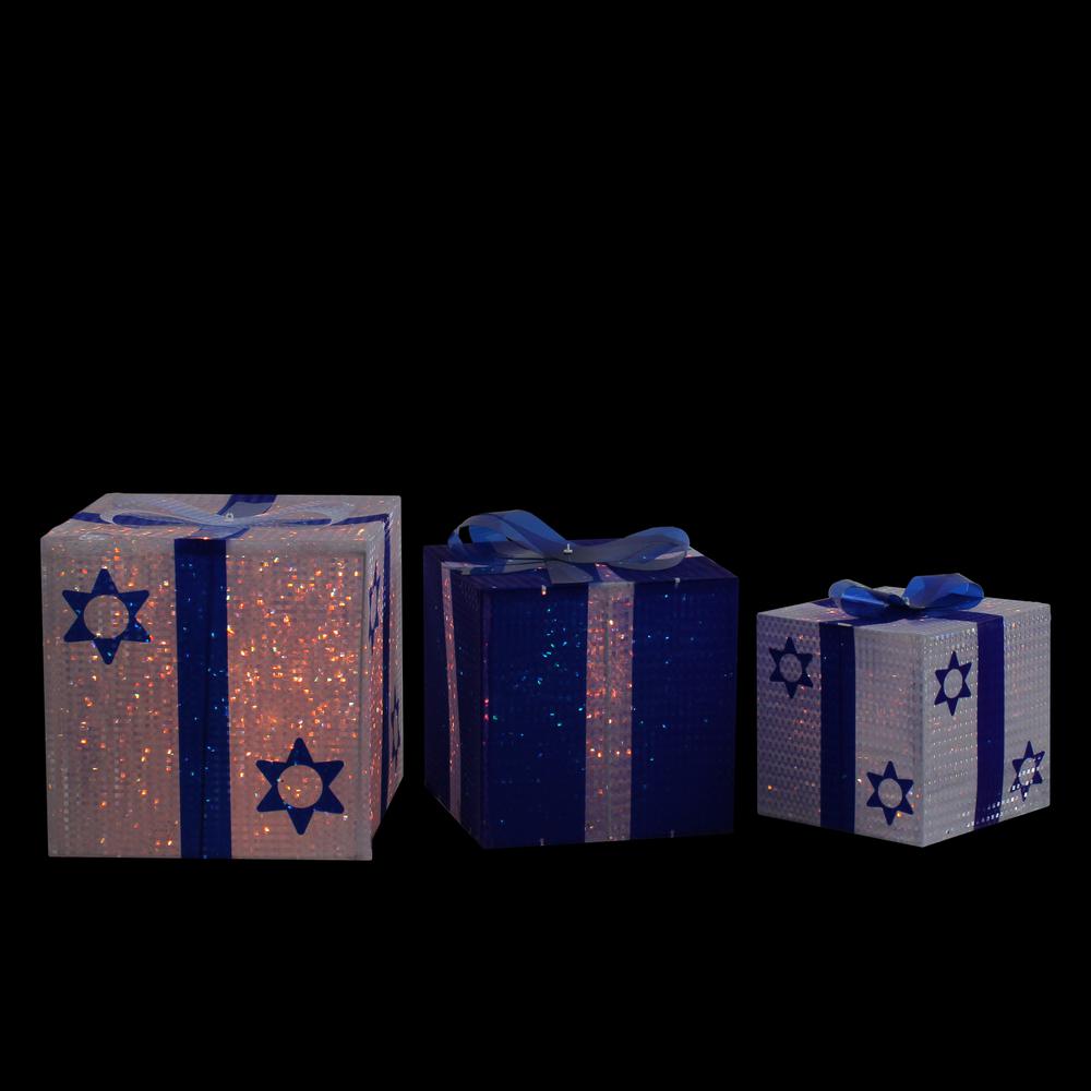 3pc White and Blue Shimmering Lighted Hanukkah Gift Box 12". Picture 2