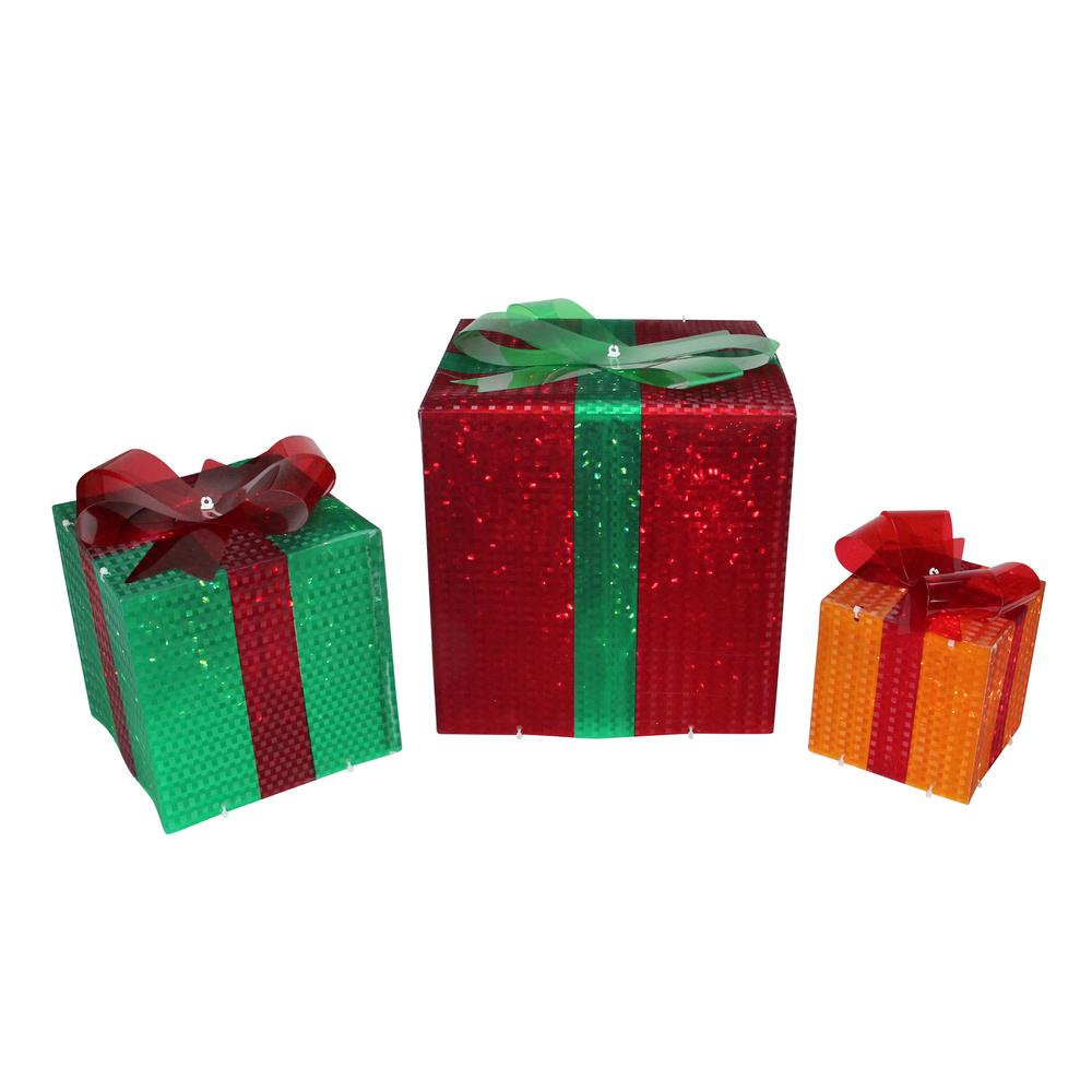 Set of 3 Lighted Glistening Gift Box and Bow Outdoor Christmas Decoration. Picture 1