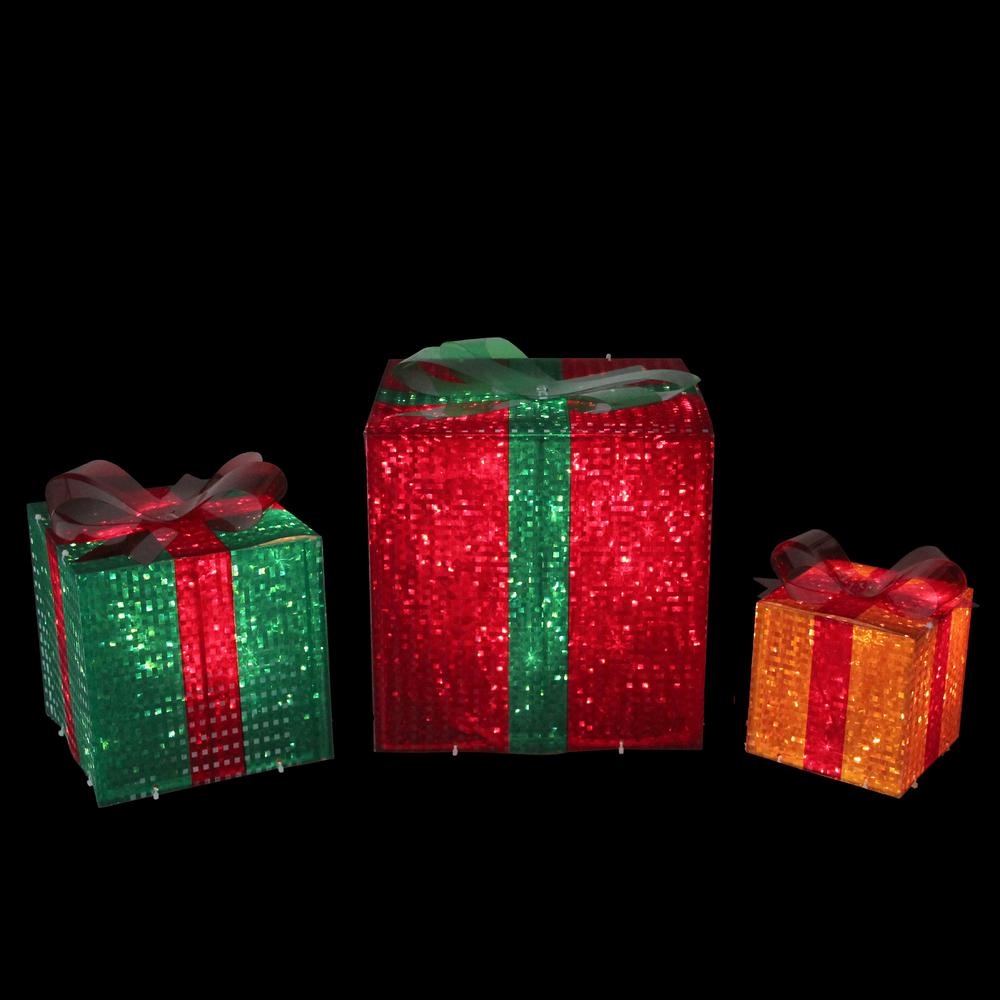 Set of 3 Lighted Glistening Gift Box and Bow Outdoor Christmas Decoration. Picture 2