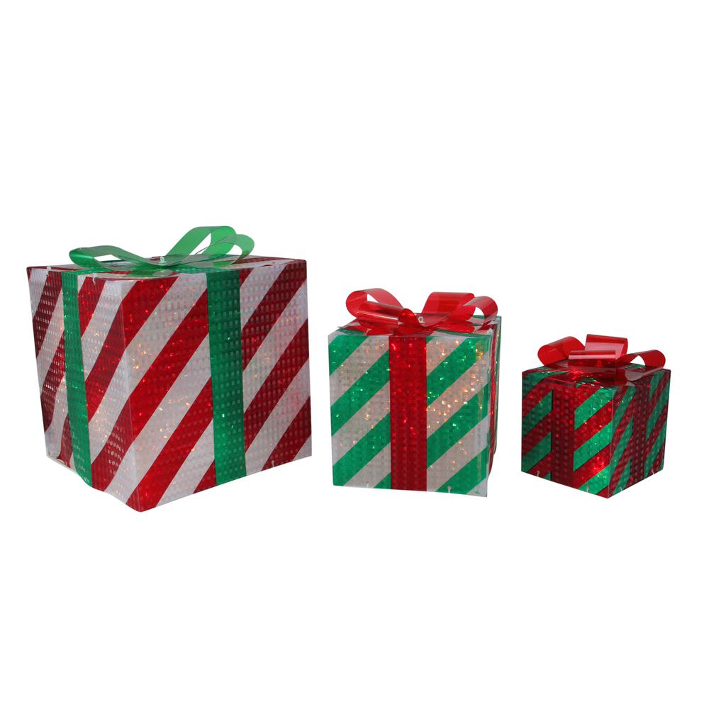 Set of 3 Red and Green Striped Gift Boxes Outdoor Christmas Decorations 8" g. The main picture.
