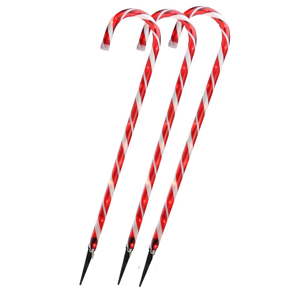 Set of 3 Red and White Blinking Candy Cane Outdoor Christmas Pathway Markers 28". Picture 1