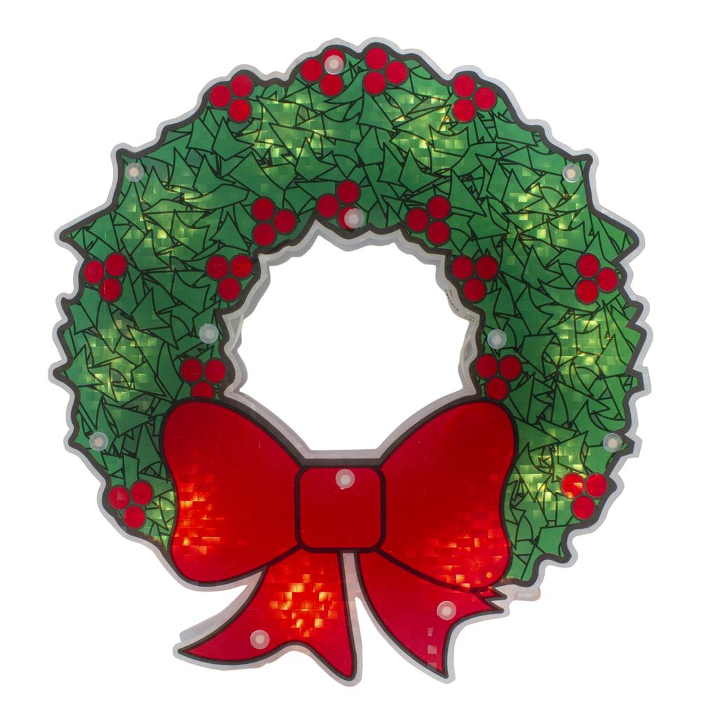 11" Green and Red Lighted Wreath Christmas Window Silhouette Decoration. Picture 1