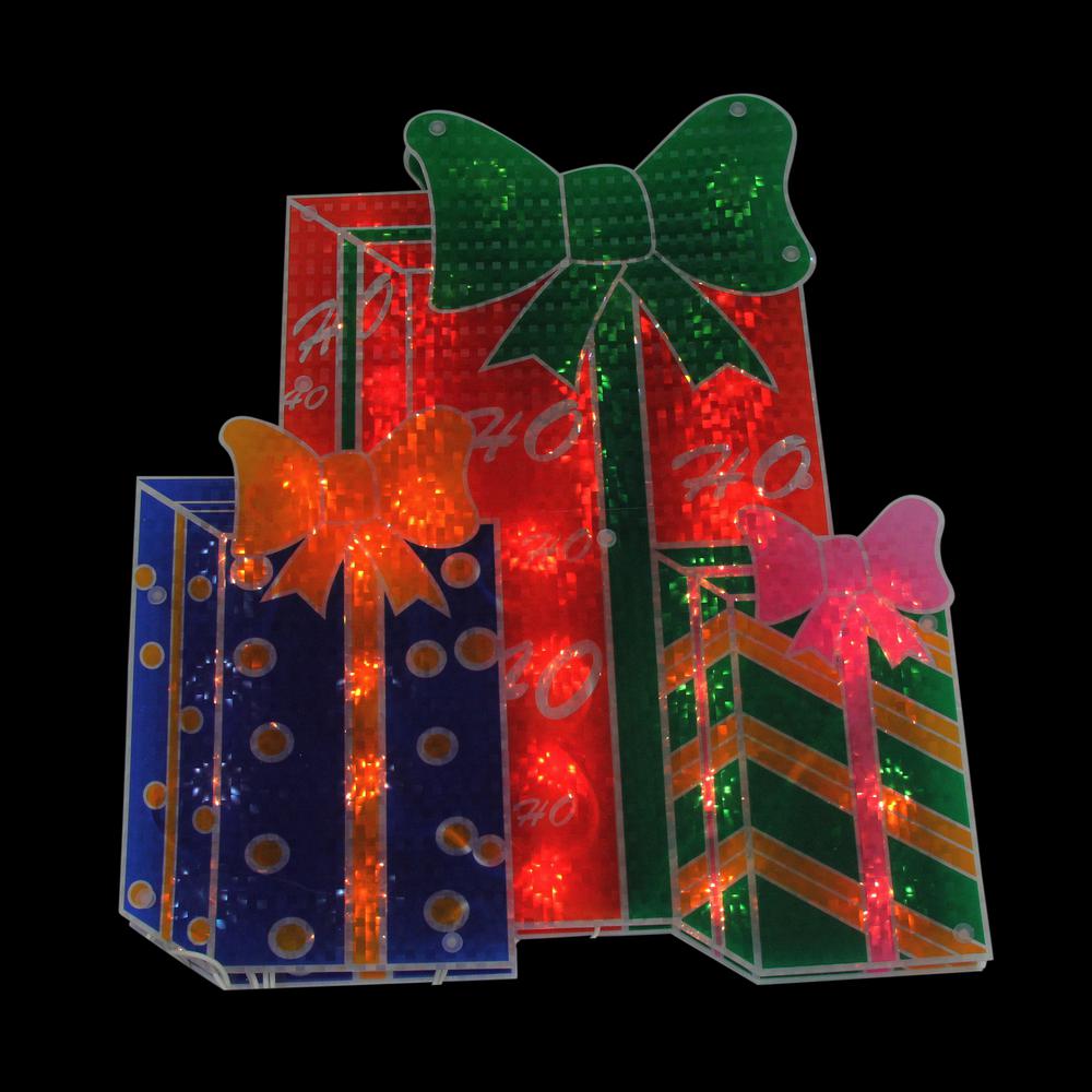 17" Green and Red Double-Sided Lighted Holographic Shimmering Christmas Presents Window Silhouette. Picture 3