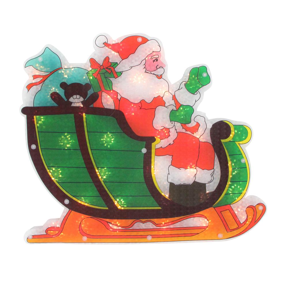 17" Pre-Lit Green and Red Holographic Santa in Sleigh Christmas Window Silhouette Decoration. Picture 1