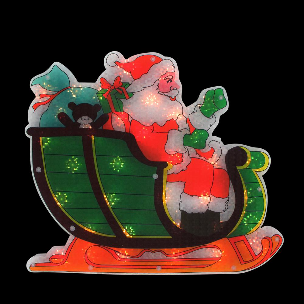 17" Pre-Lit Green and Red Holographic Santa in Sleigh Christmas Window Silhouette Decoration. Picture 2