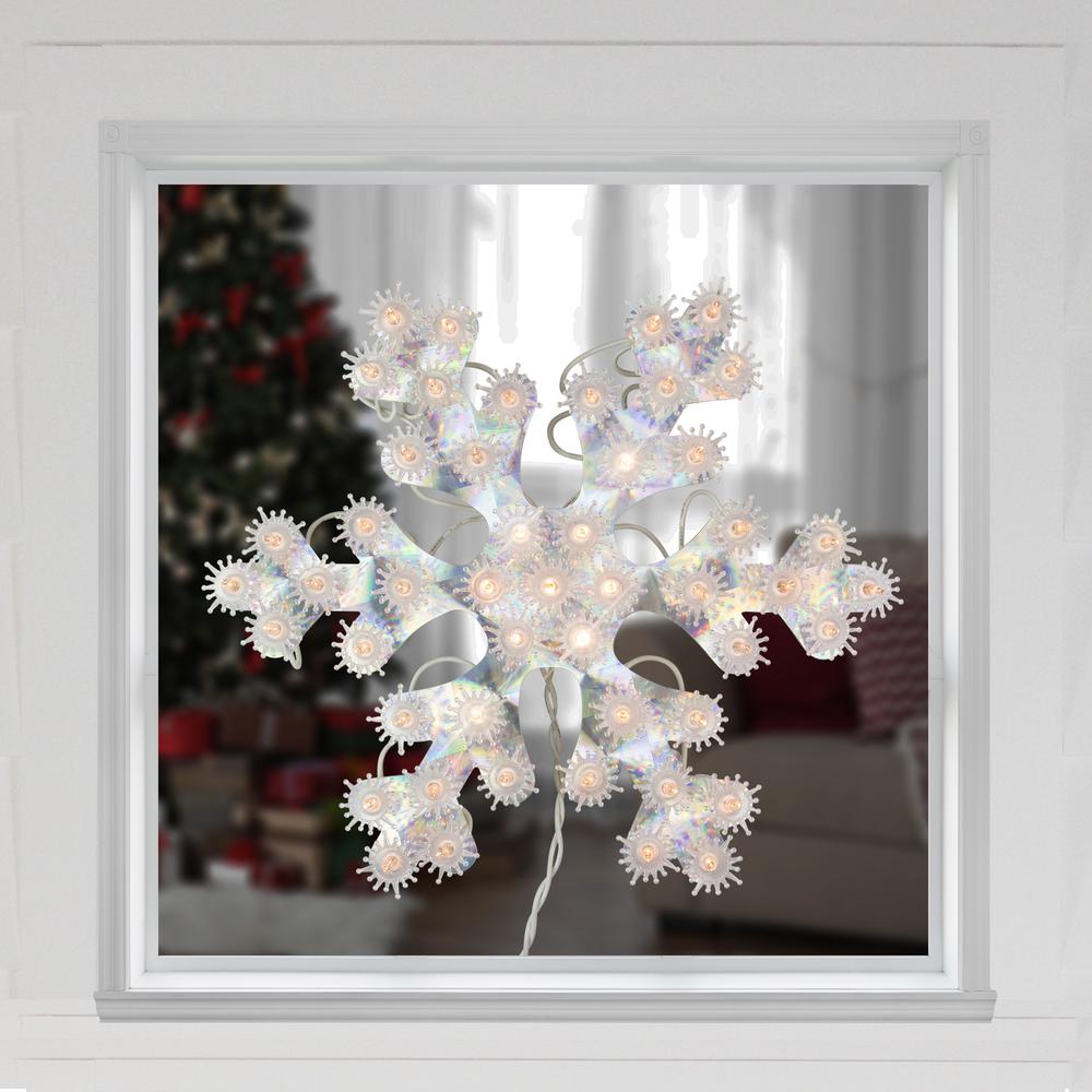 12" Lighted Holographic Snowflake Christmas Window Decoration. Picture 2
