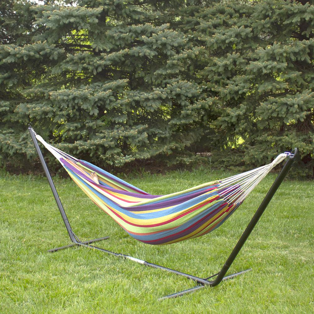 72" Yellow and Blue Striped Woven Double Brazilian Hammock. Picture 3