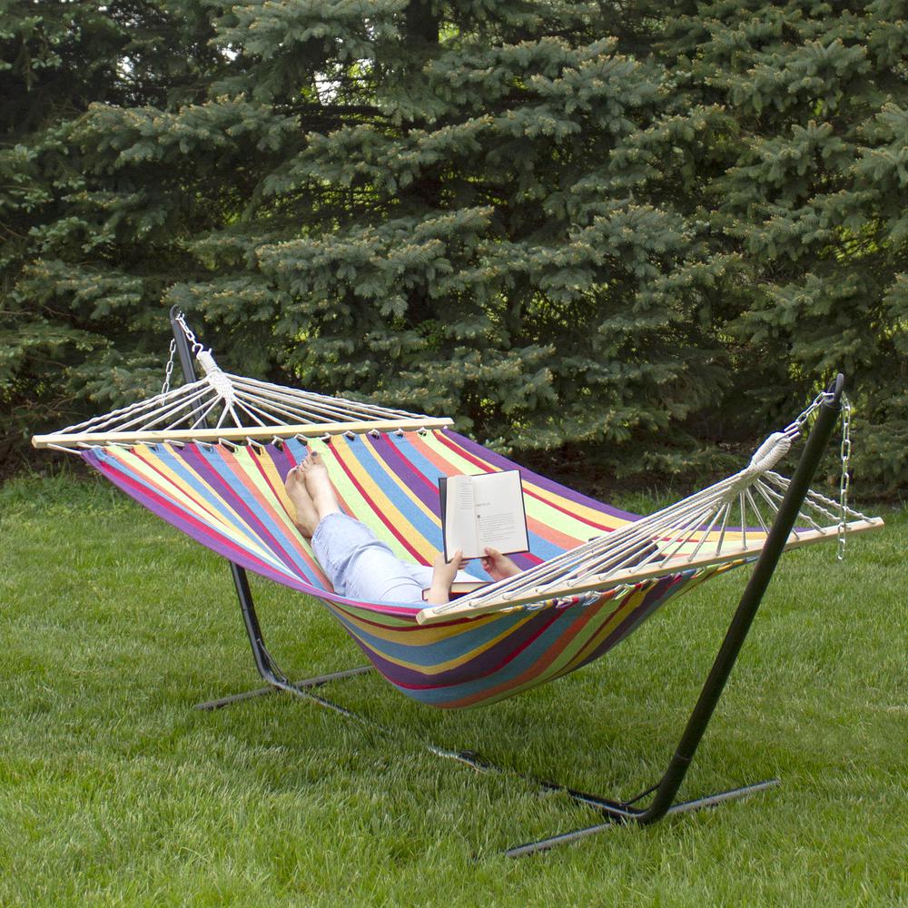77" Red and Green Striped Woven Double Hammock with Wooden Bars. Picture 1