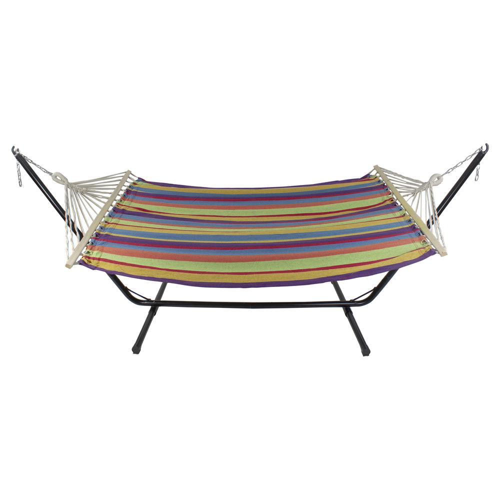 77" Red and Green Striped Woven Double Hammock with Wooden Bars. Picture 5