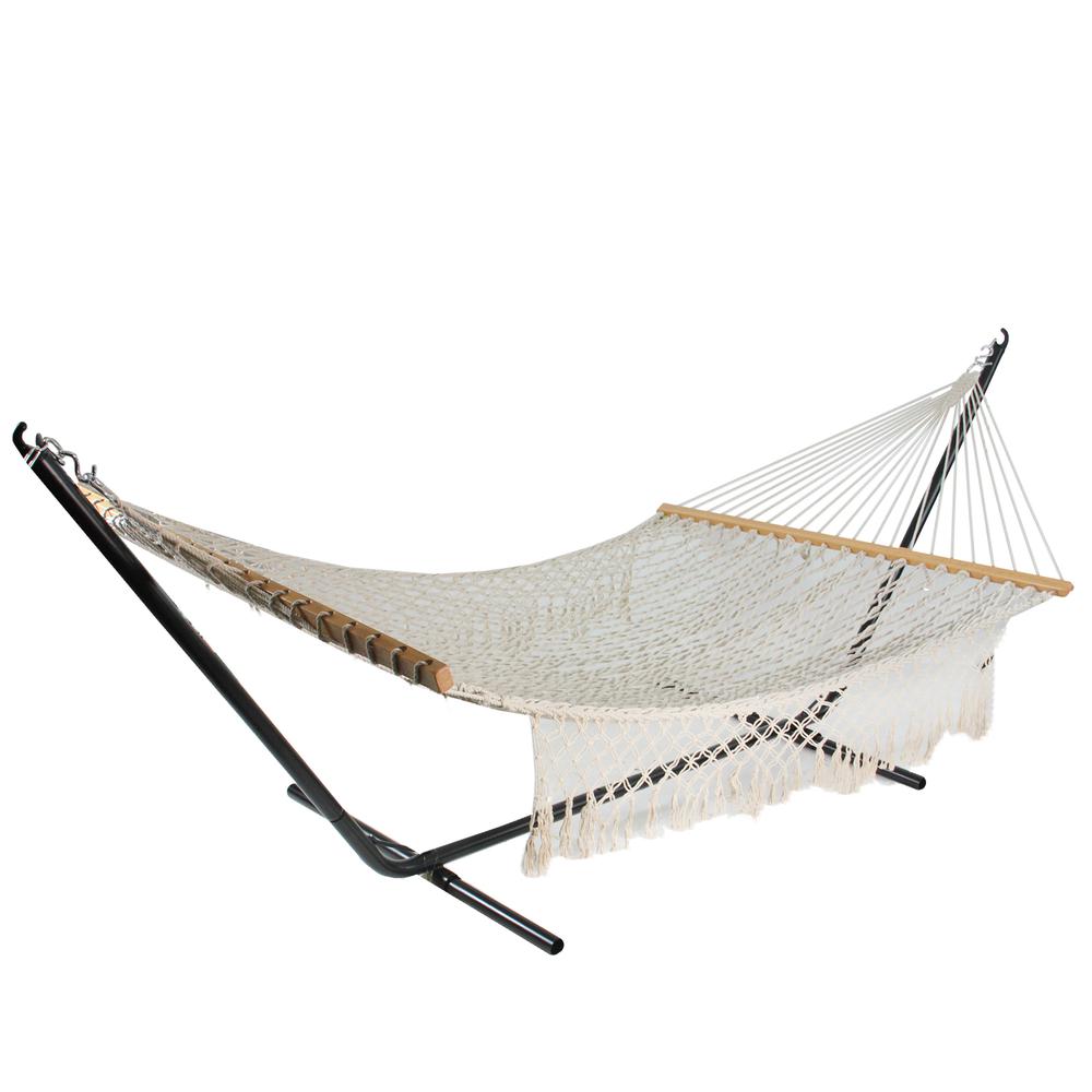 74" White Lattice Macrame Rope Hammock with Wooden Bars. Picture 1