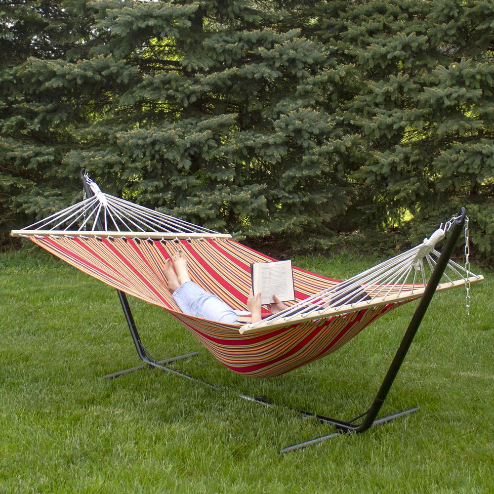 75" Red and Pink Striped Poly Cotton Hammock. Picture 1