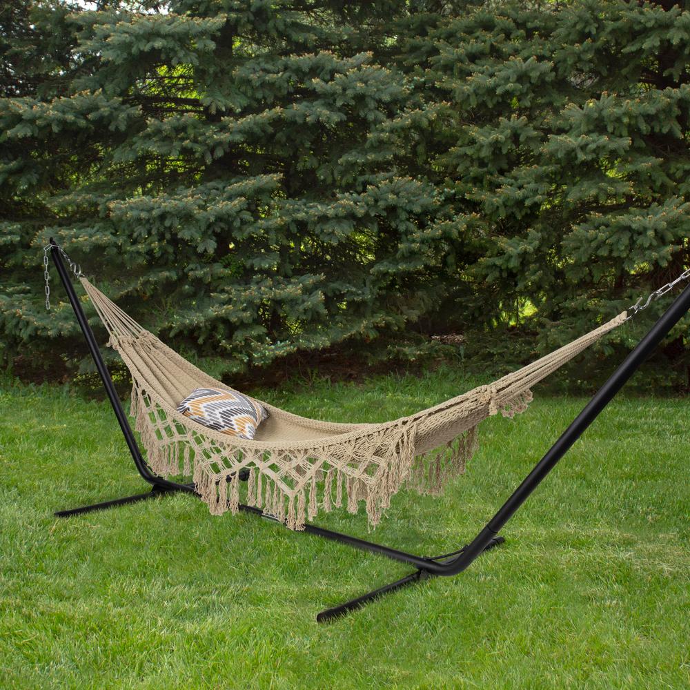 78" x 31" Brown Macrame Hammock with Patterned Tassels. Picture 2