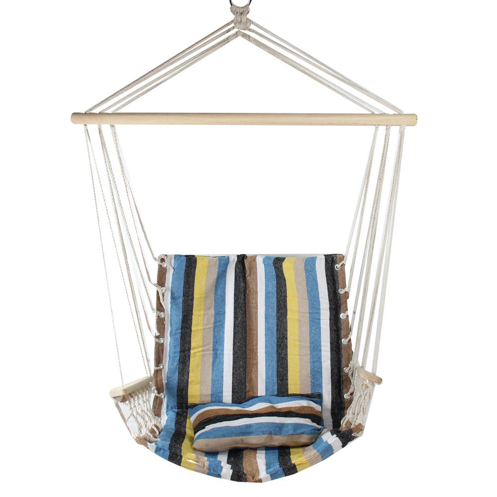37" Brown and Yellow Striped Outdoor Hammock Chair with Pillow. Picture 1