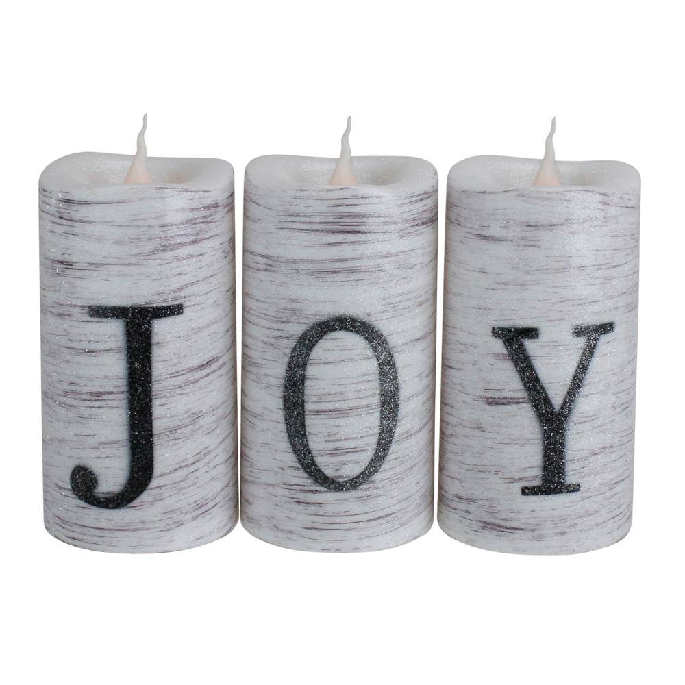 Set of 3 Battery Operated JOY Christmas LED Flame-Less Candles 6". Picture 1
