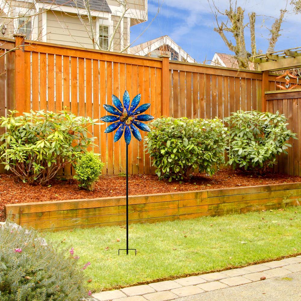 Blue Flower with Butterfly Outdoor Pinwheel Garden Stake - 4'. Picture 2