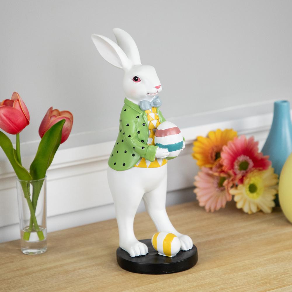 Rabbit Holding Easter Egg Outdoor Garden Statue - 11.5" - White. Picture 5