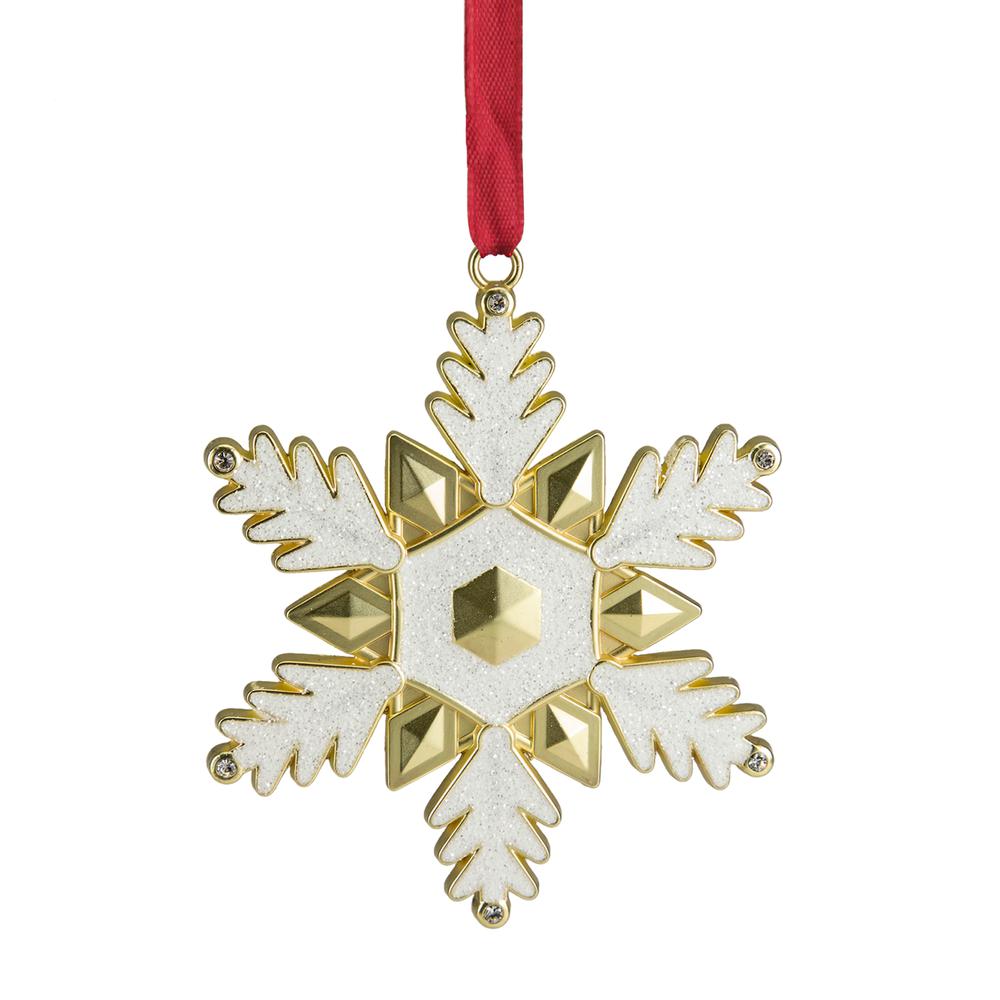 3.5" White Brass-Plated Snowflake Christmas Ornament with European Crystals. Picture 1