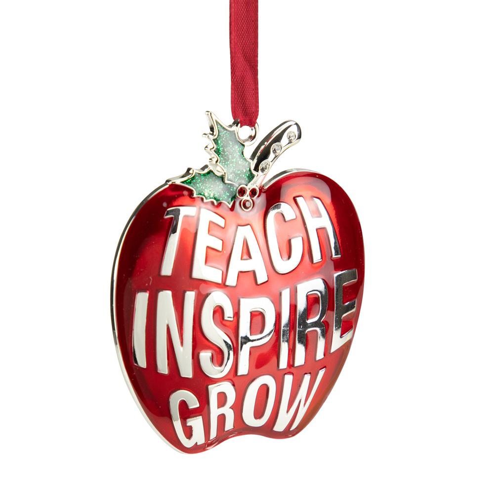 3.25" Red Silver Plated Apple Teacher Christmas Ornament with European Crystals. Picture 4