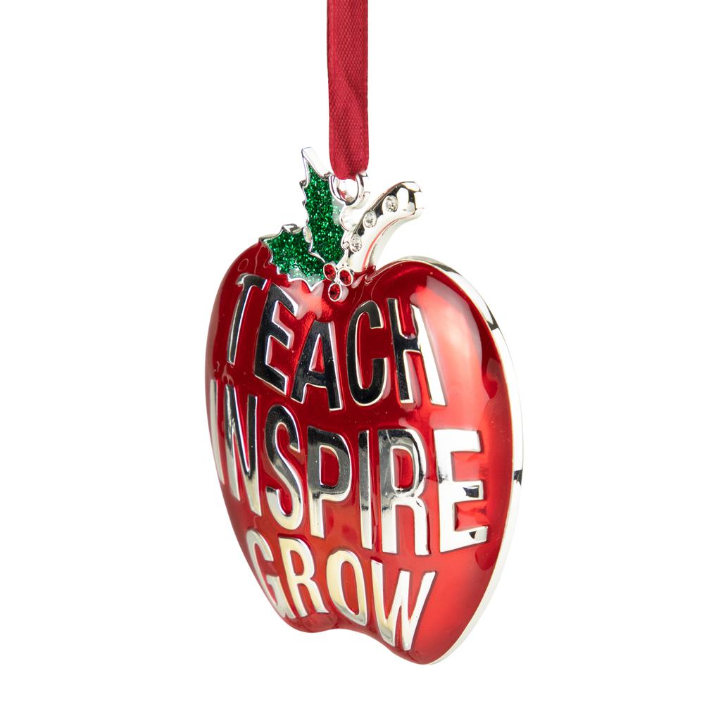 3.25" Red Silver Plated Apple Teacher Christmas Ornament with European Crystals. Picture 3