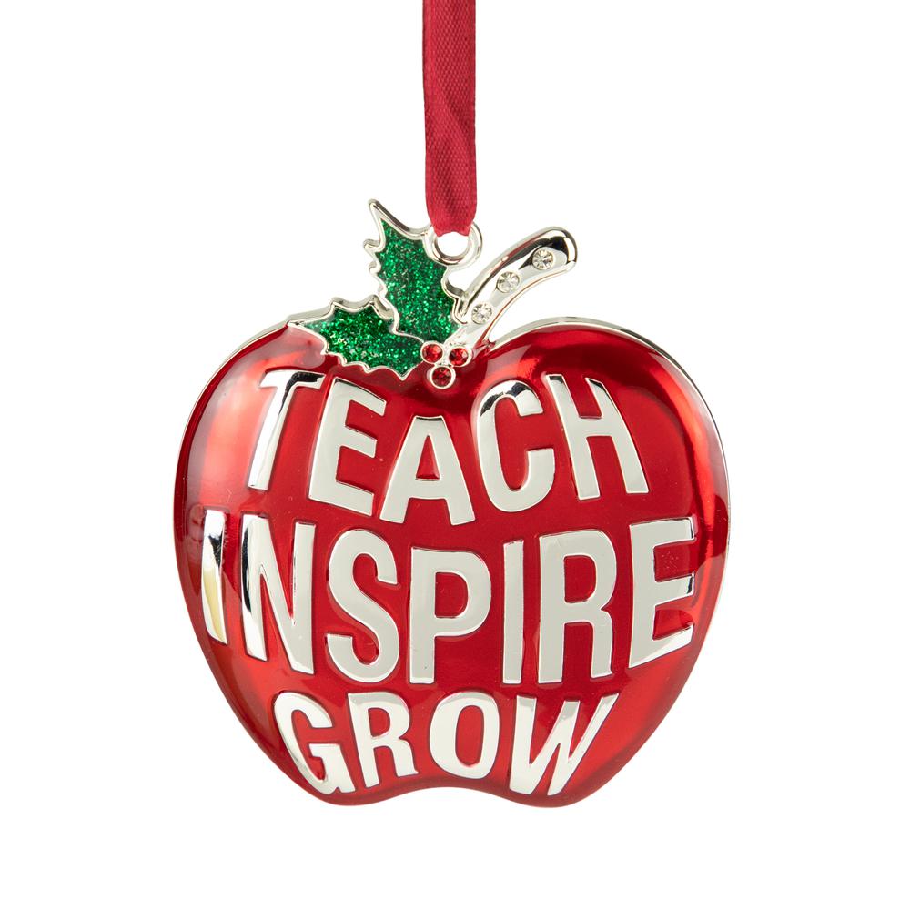 3.25" Red Silver Plated Apple Teacher Christmas Ornament with European Crystals. Picture 1