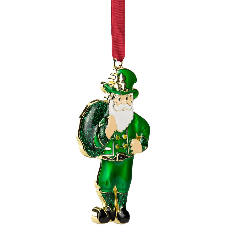 3.5" Green Brass-Plated Irish Santa Christmas Ornament with European Crystals. Picture 4
