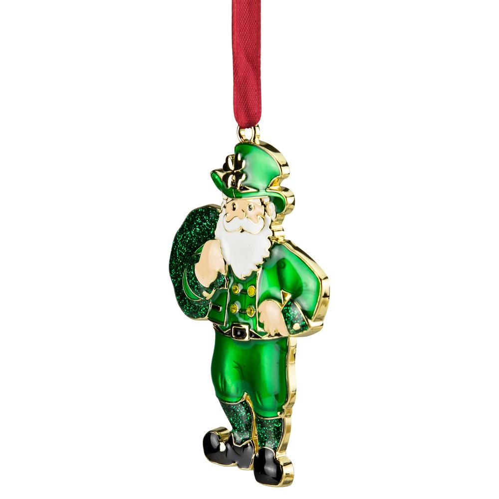 3.5" Green Brass-Plated Irish Santa Christmas Ornament with European Crystals. Picture 3