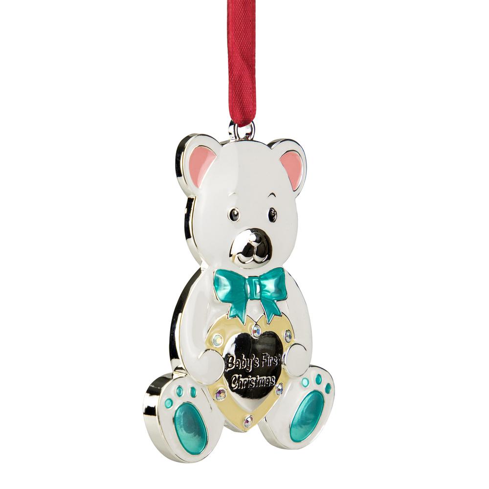 3" Pastel Silver Plated Bear Baby's First Christmas Ornament with Crystals. Picture 4