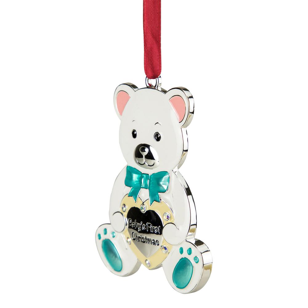 3" Pastel Silver Plated Bear Baby's First Christmas Ornament with Crystals. Picture 3