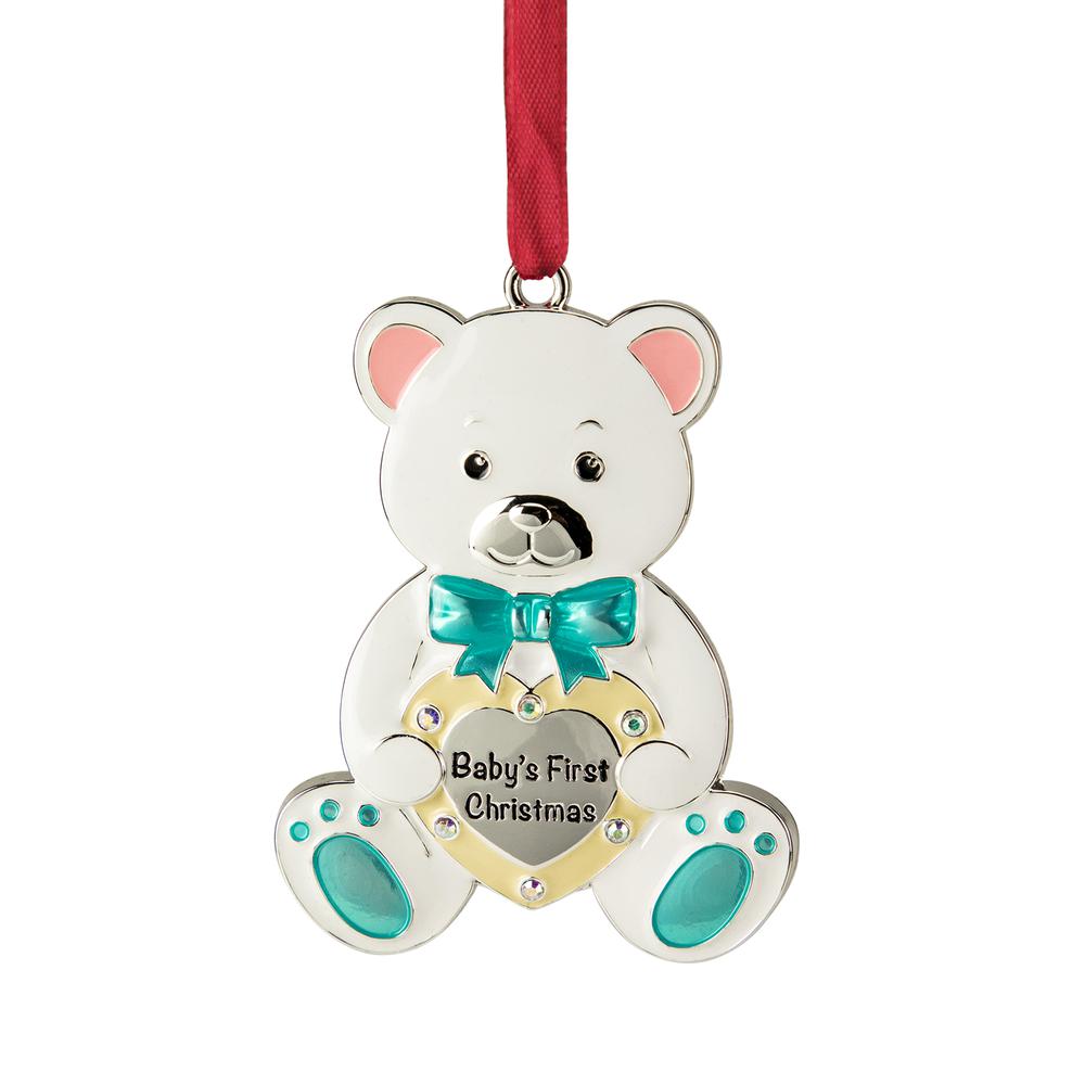 3" Pastel Silver Plated Bear Baby's First Christmas Ornament with Crystals. Picture 1